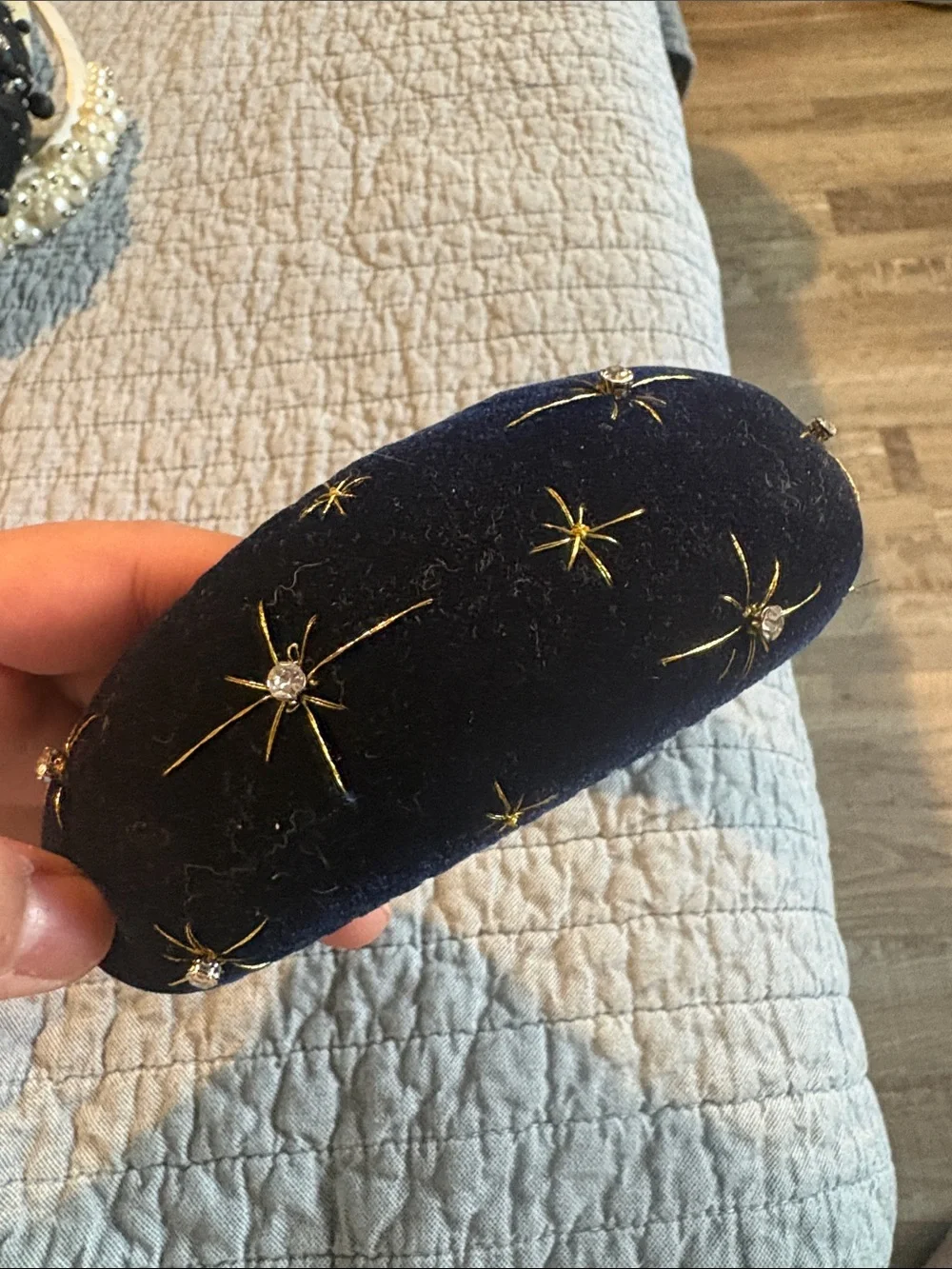 Navy Velvet Padded Headband with Gold Star Motifs